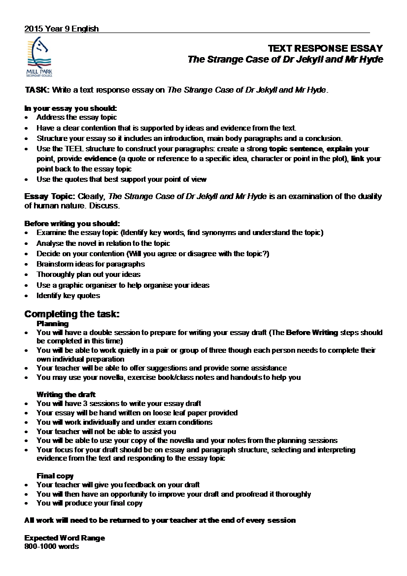 English - Text Response 1 task sheet - Dr Jekyll